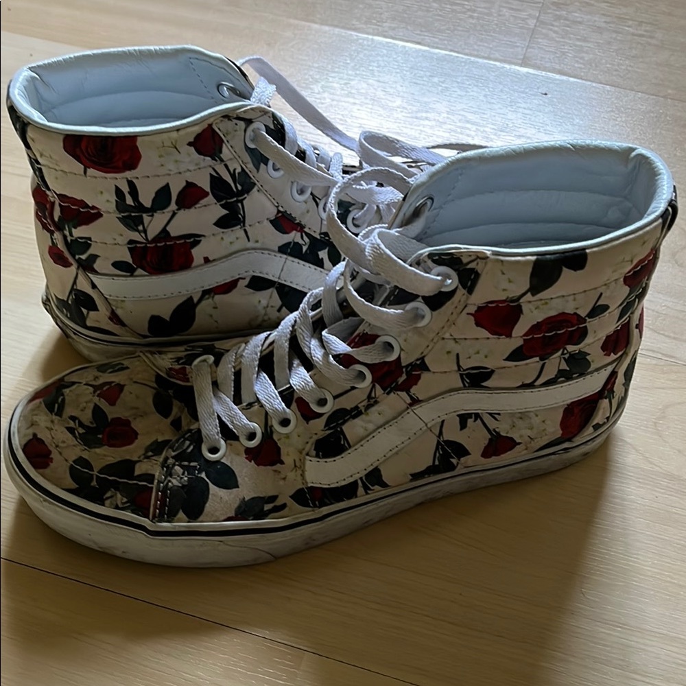 Vans White and Red High-Top Sneakers Floral Design